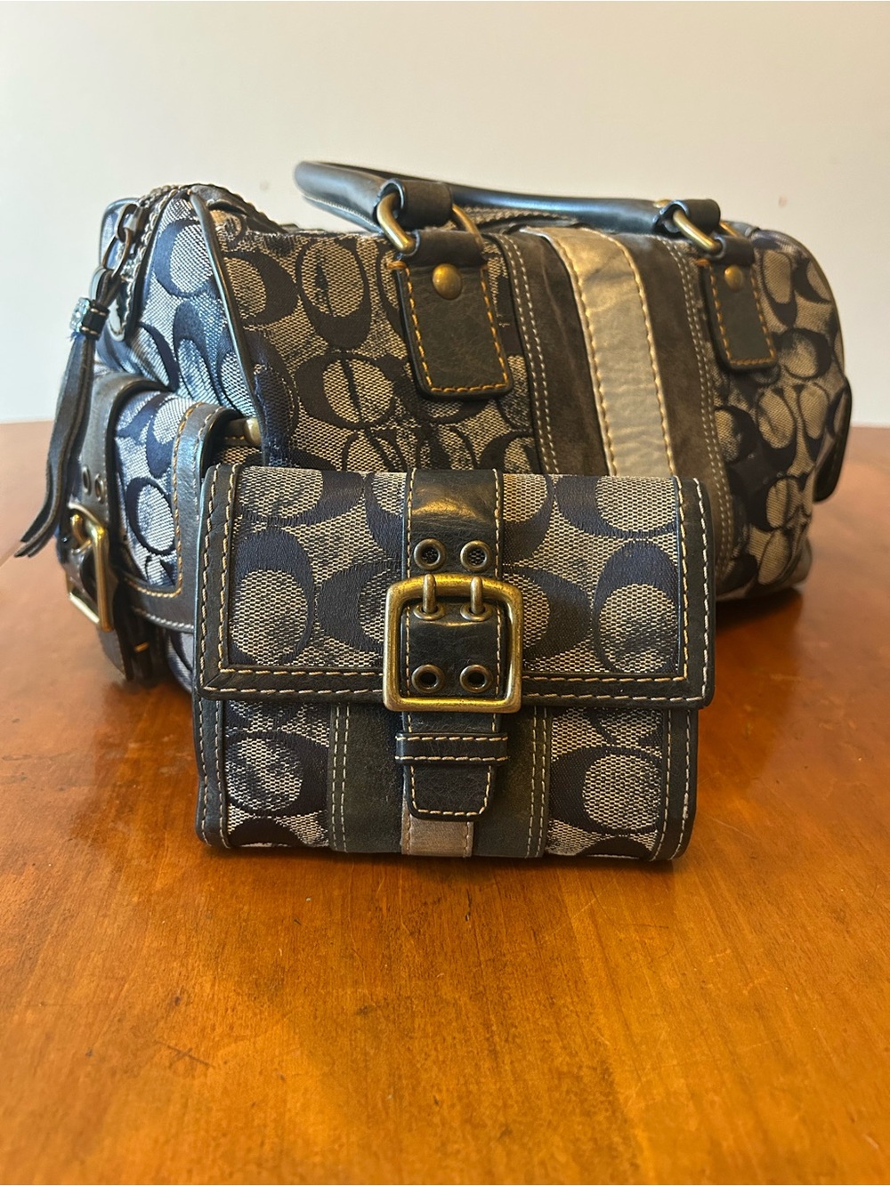 Coach Vintage Y2K Denim Signature Soho Boston Bag Wallet Blue Suede Leather 2186
